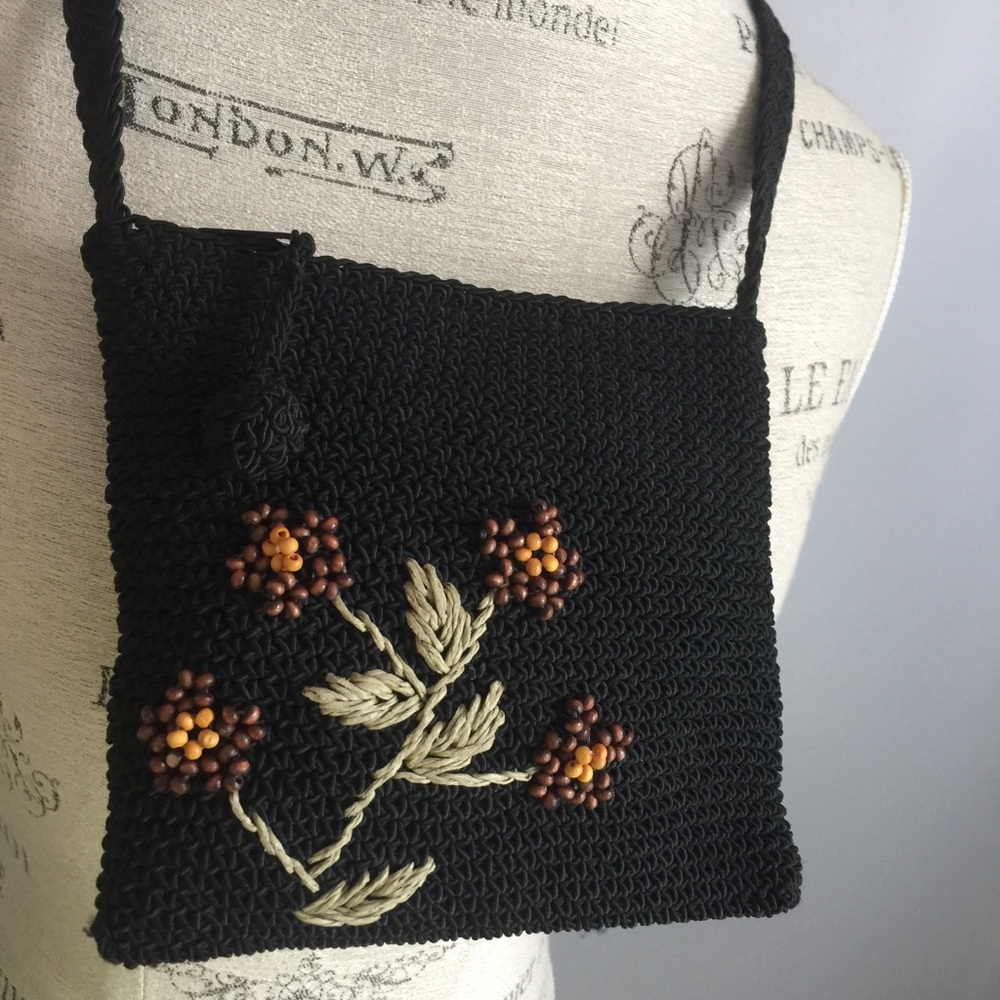 Black Beaded Floral Crochet Cross Body Bag Purse w/ Zipper Closure